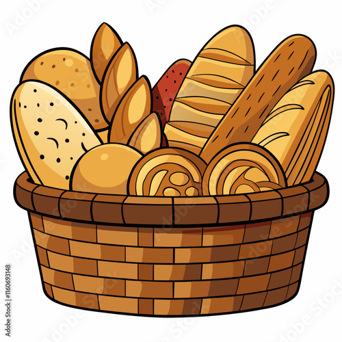 Colorful Basket of Bread Cartoon Illustration