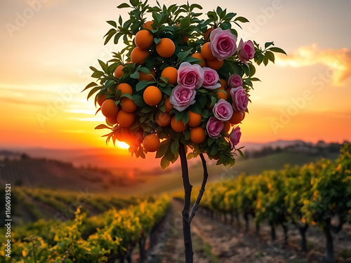 A surreal tree blooms with vibrant oranges and delicate roses, set against a picturesque vineyard at sunset.

