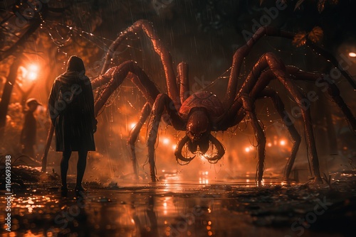 Giant spider looms over a lone figure in a dimly lit urban street at night
