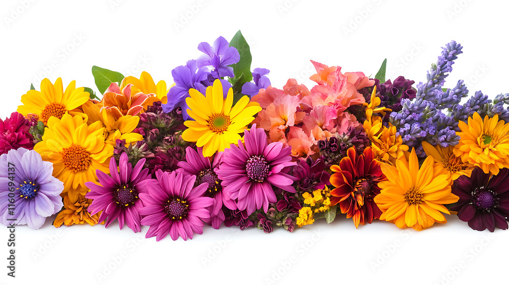 A blend of seasonal flowers in contrasting colors displayed on a white background A blend of seasonal flowers in contrasting colors displayed on a white background