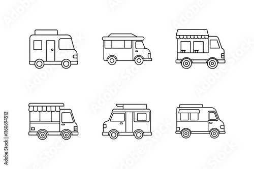 food truck line art vector illustration, set of trucks