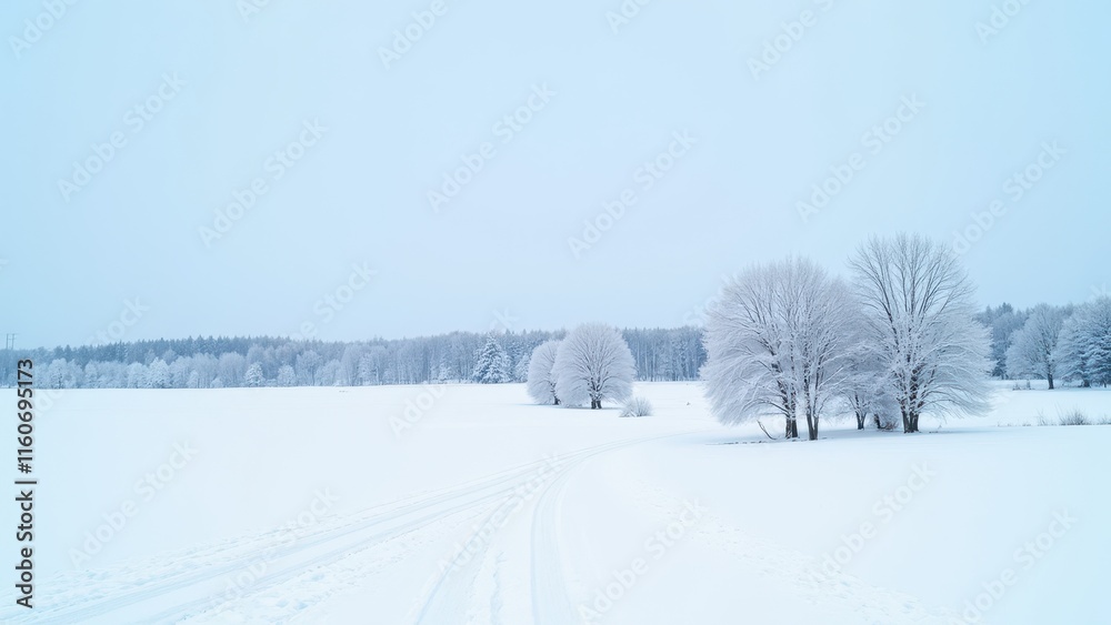Fresh snow blankets a serene landscape, punctuated by deep tire tracks that stretch across the field like frozen veins Fresh snow blankets a serene landscape, punctuated by deep tire tracks that stretch across the field like frozen veins