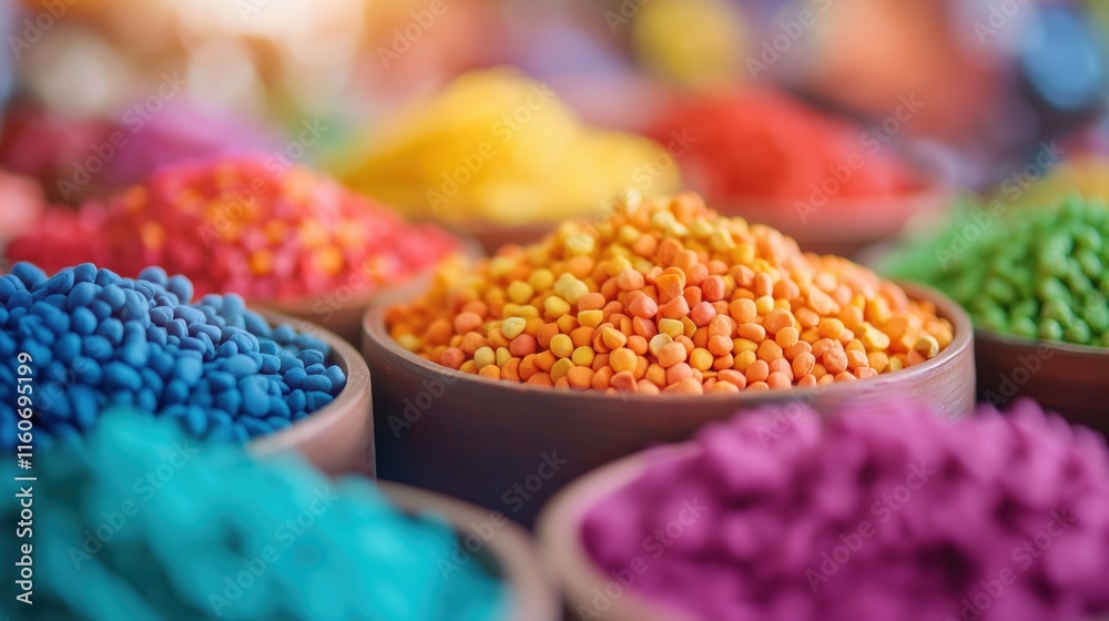 Fototapeta premium Colorful powders displayed in traditional bowls at a market during midday.