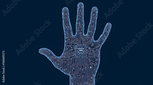 Robotic Hand Blueprint, Abstract Tech Illustration, Artificial Intelligence and Network Concept, Dark Blue Theme, Futuristic and Artistic Inspiration photo