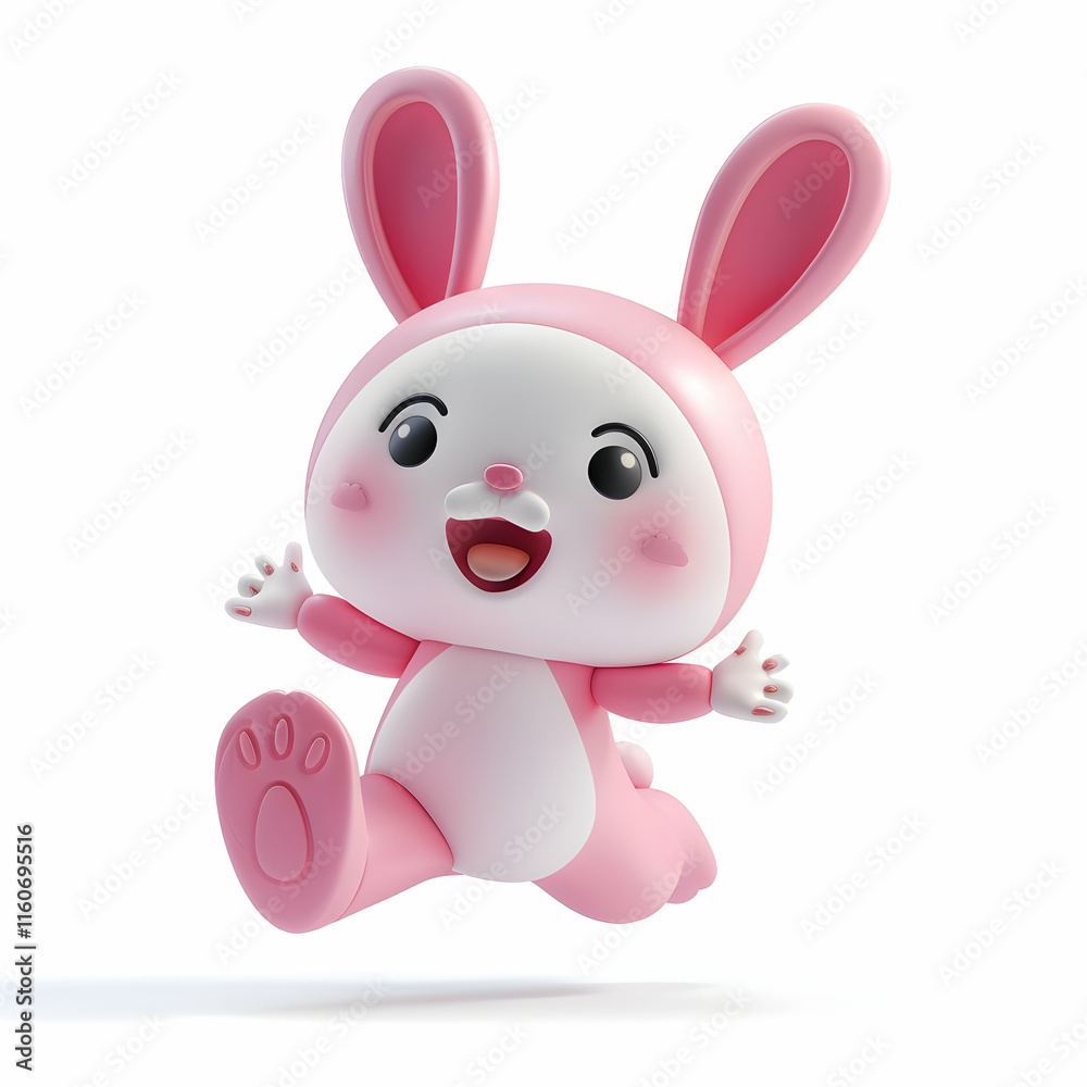Cute Pink Rabbit Character Jumping with Joy in a Cheerful Expression Cute Pink Rabbit Character Jumping with Joy in a Cheerful Expression