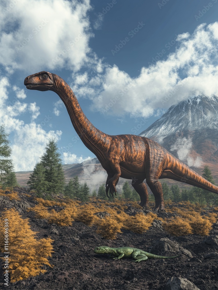 Fototapeta premium A large dinosaur stands in a prehistoric landscape with a volcano in the background.