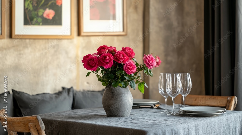 A cozy table setting with a gray linen tablecloth, vibrant roses in a ceramic vase, and a neutral-toned wall with framed art. A cozy table setting with a gray linen tablecloth, vibrant roses in a ceramic vase, and a neutral-toned wall with framed art.