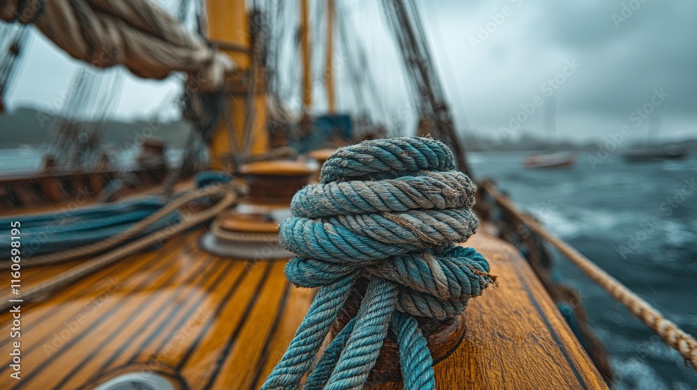 Obraz premium Sailing through majestic mountains with coiled rope on deck near the water during dusk