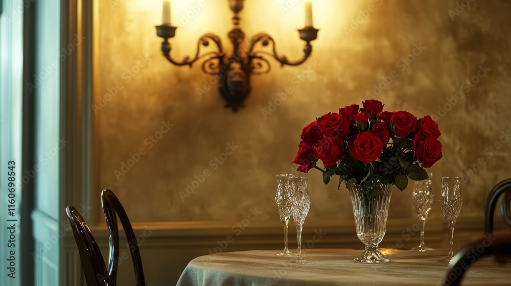 A softly lit dining room featuring a taupe linen tablecloth, red roses in a crystal vase, and a decorative sconce on the wall A softly lit dining room featuring a taupe linen tablecloth, red roses in a crystal vase, and a decorative sconce on the wall