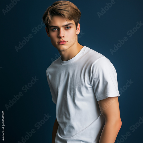 Young Man Casual White TShirt Dark Background Portrait Studio photo