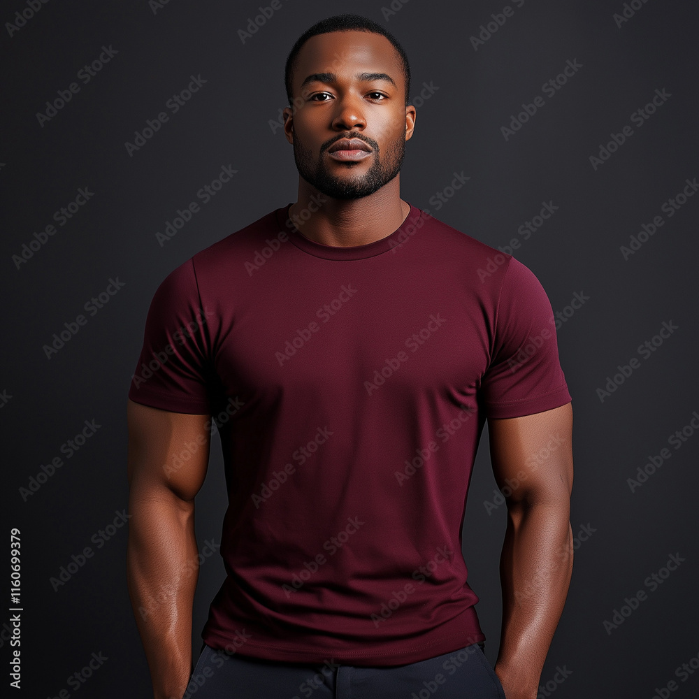 Dark Skinned Man Maroon TShirt Studio Portrait Serious Mood