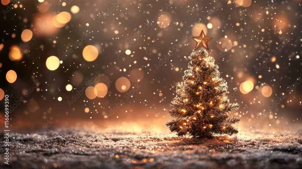 Naklejka premium Illuminated Christmas Tree In Snowy Winter Scene