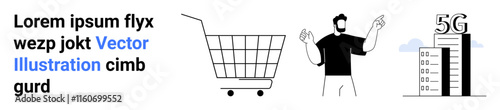 Man stands next to a shopping cart and a 5G connectivity tower in a modern design. Ideal for technology, online shopping, connectivity, 5G internet, and modern lifestyle themes. Banner for landing