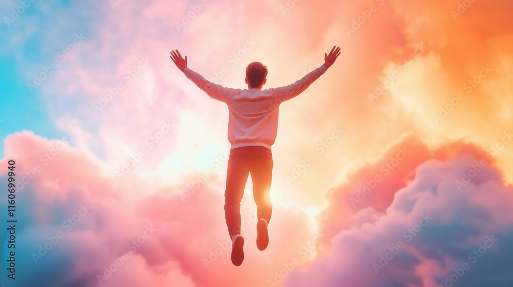 Person leaps joyfully into vibrant clouds at sunset with warm and cool hues illuminating the sky. Person leaps joyfully into vibrant clouds at sunset with warm and cool hues illuminating the sky.