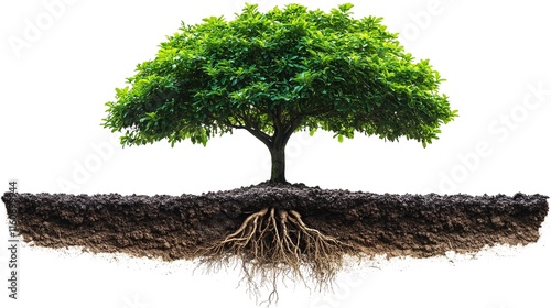 A single tree with its roots extending beneath the surface of the ground.