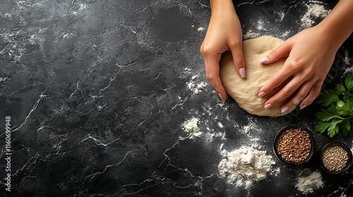 Woman kneading dough on a black marble countertop.