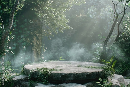 Fototapeta Naklejka Na Ścianę i Meble -  Flat stone podium in the magical forest   empty round stand background