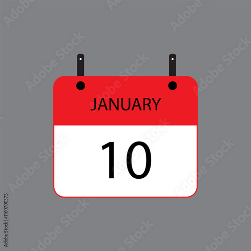 Calendar icon with January 10 date on grey background. Vector schedule symbol.