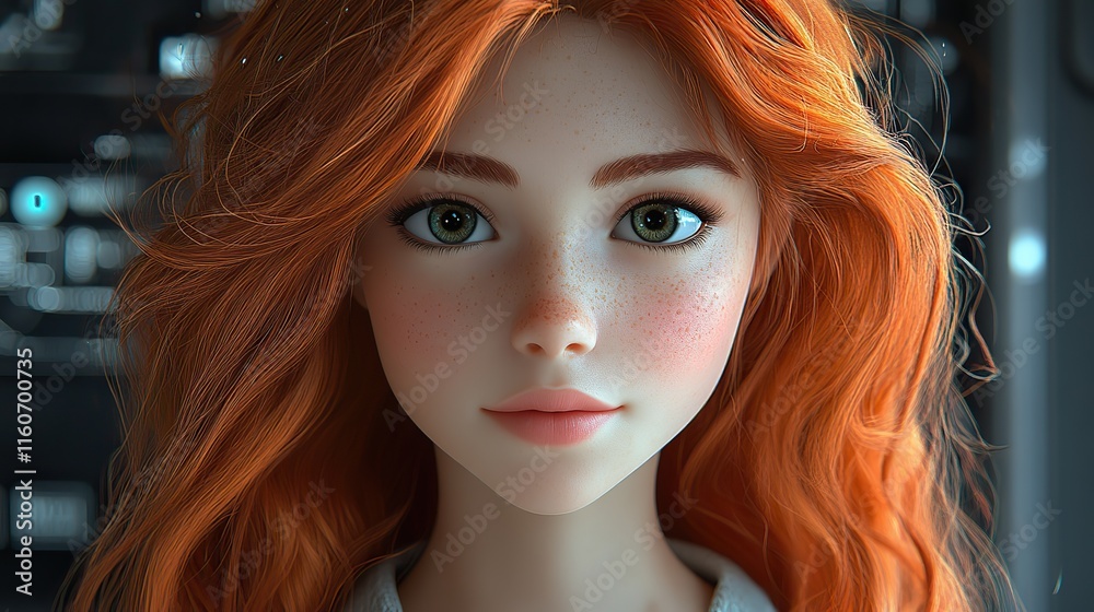 Fototapeta premium 3D cartoon girl illustration for animation, red head character, concept for mock-up, realistic innovative rendering, graphic design, and creative inspiration