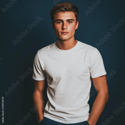 Young Man Casual White TShirt Dark Background Studio Portrait