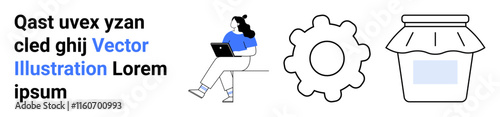 Woman with laptop, gear icon, and jar. Ideal for freelance work, productivity tools, technology, gear, settings, digital content, DIY projects. Landing page