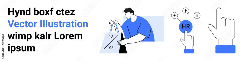 Human figure holding shopping bags, hand pressing HR button with connected options, and hand pointing up. Ideal for e-commerce, HR, online services, business strategy, technology interface, shopping Human figure holding shopping bags, hand pressing HR button with connected options, and hand pointing up. Ideal for e-commerce, HR, online services, business strategy, technology interface, shopping