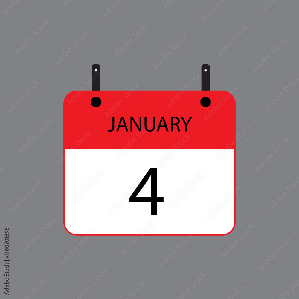 Calendar icon with January 4th date on grey background. Vector schedule symbol. Calendar icon with January 4th date on grey background. Vector schedule symbol.