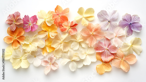 Pastel blooms in a harmonious composition with natural petals arranged on white 