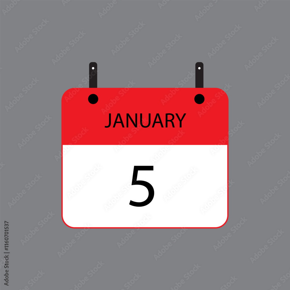 Calendar icon with January 5th date on grey background. Vector schedule symbol. Calendar icon with January 5th date on grey background. Vector schedule symbol.