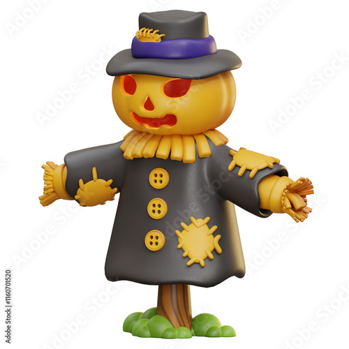 3d illustration jackolantern scarecrow wears a hat and stands on a post 3