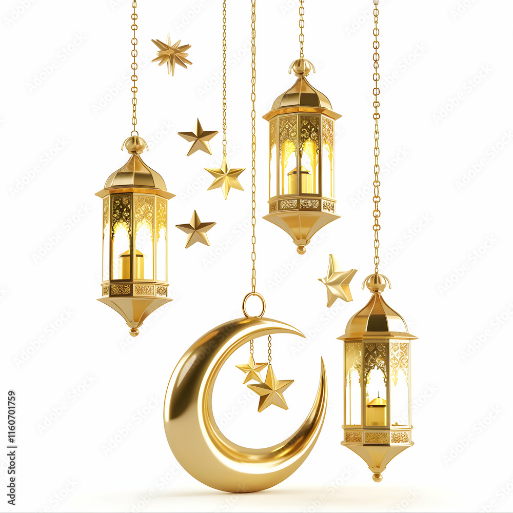 Elegant Golden Lanterns and Crescent Moon for Festive Decor Elegant Golden Lanterns and Crescent Moon for Festive Decor