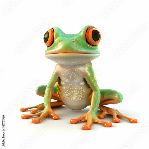 Colorful Tropical Frog with Bright Orange Eyes on White Background
