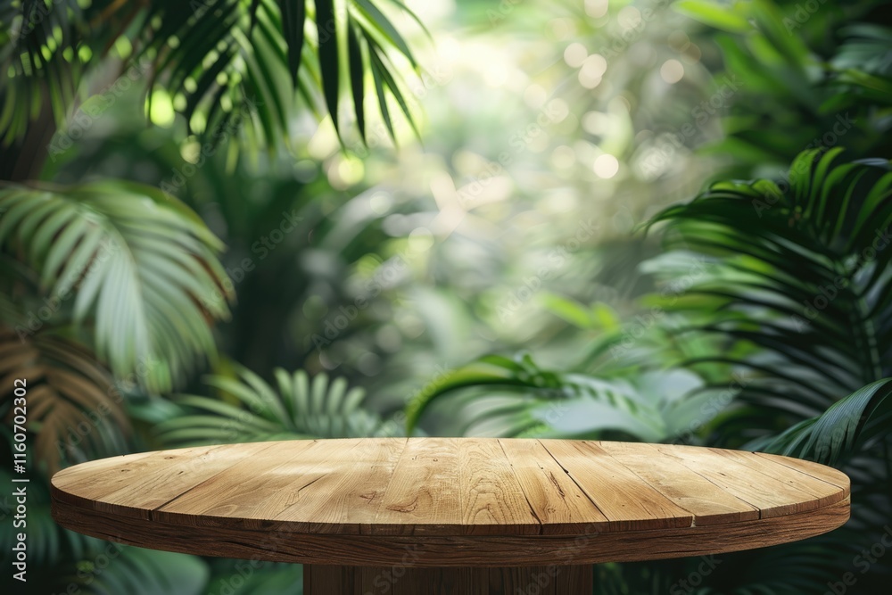 Wood podium in tropical forest with green plant background. Wood podium in tropical forest with green plant background.