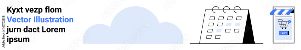 Text, blue cloud, calendar, store with cart icon. Ideal for e-commerce, scheduling, time management, cloud storage, business planning, digital marketing, promotions. Landing page Text, blue cloud, calendar, store with cart icon. Ideal for e-commerce, scheduling, time management, cloud storage, business planning, digital marketing, promotions. Landing page