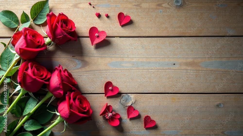 Romantic Red Roses and Hearts on Rustic Wooden Surface A Valentine's Day Composition Romantic Red Roses and Hearts on Rustic Wooden Surface A Valentine's Day Composition