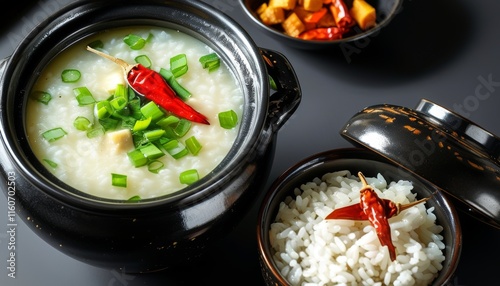 Traditional Haejang Guk Soup with Green Onions and Red Chili in Black Pot on Table photo