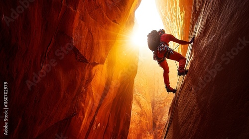 A climber navigating a narrow canyon, sun rays filtering through, vibrant outdoor scene, ultra-detailed, dynamic and cinematic sports photography, high definition.