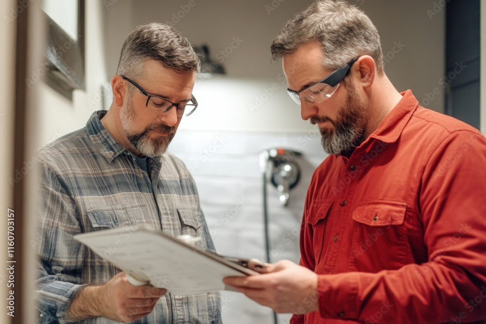 Two men discussing plans in a modern bathroom renovation project during daylight hours Two men discussing plans in a modern bathroom renovation project during daylight hours