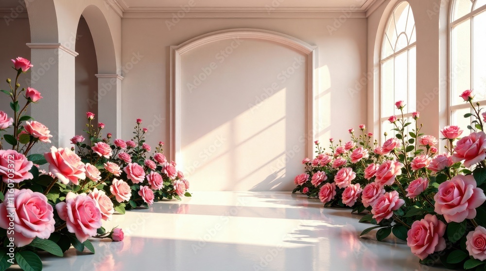Fototapeta premium Elegant Room Decorated with Blooming Pink Roses and Sunlight Streaming Through Large Windows