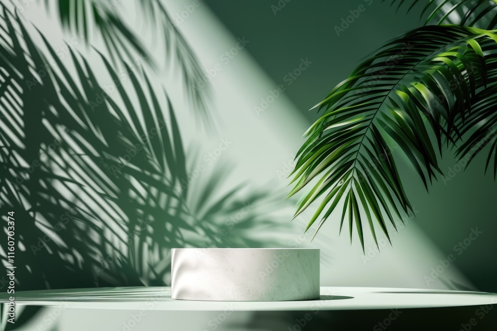 Abstract cosmetic product display with tropical palm leaf shadow backdrop.