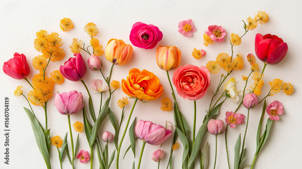 Fototapeta premium Elegant Floral Composition with Tulips, Roses, and Mimosa on White Background