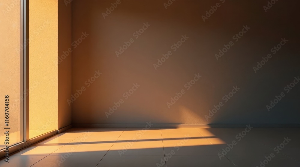 Obraz premium Warm Sunlight Illuminates an Empty Room's Interior Space, Casting Long Shadows Across the Smooth Floor and Walls