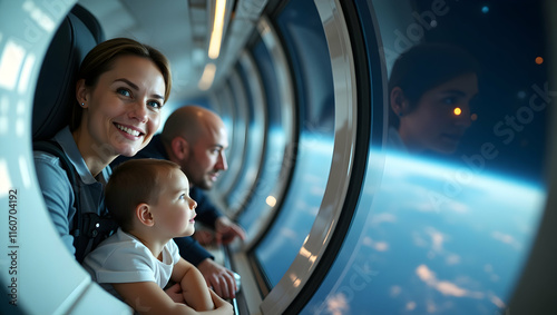 Fototapeta Naklejka Na Ścianę i Meble -  Happy Family Gazing at Earth from a Modern Vehicle
