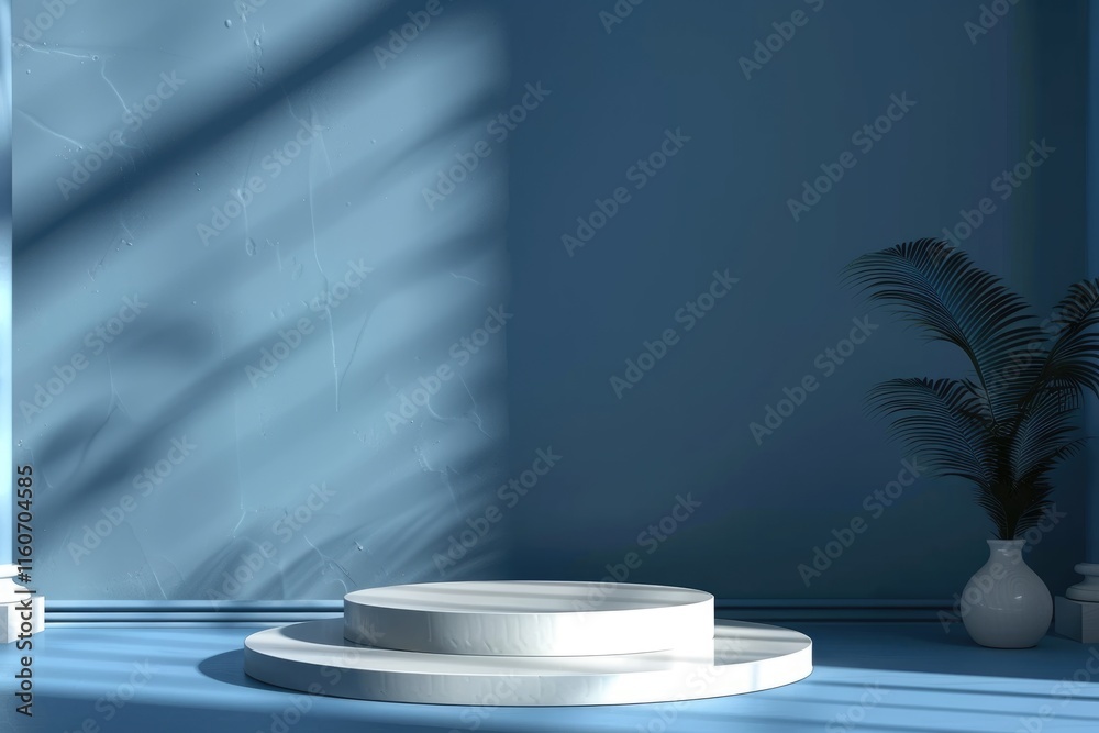 Podium stand and deep shadow on blue wall background. Background for product. Front view. Mockup. Podium stand and deep shadow on blue wall background. Background for product. Front view. Mockup.
