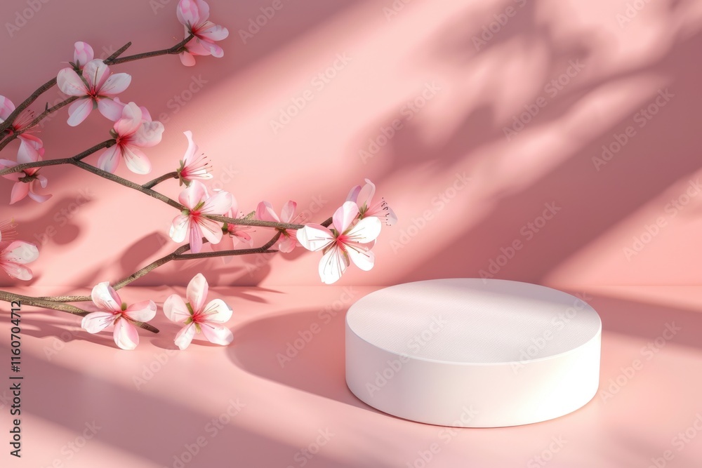 Empty white podium on pink background with spring flowers. Empty white podium on pink background with spring flowers.