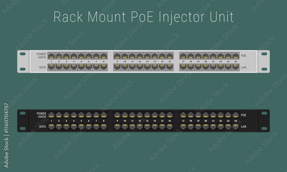 Power injector 1U panels for a 19-inch server rack or cabinet. Vector illustration in flat style