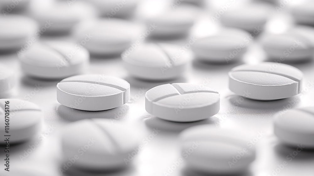 White pills scattered across a surface. White pills scattered across a surface.