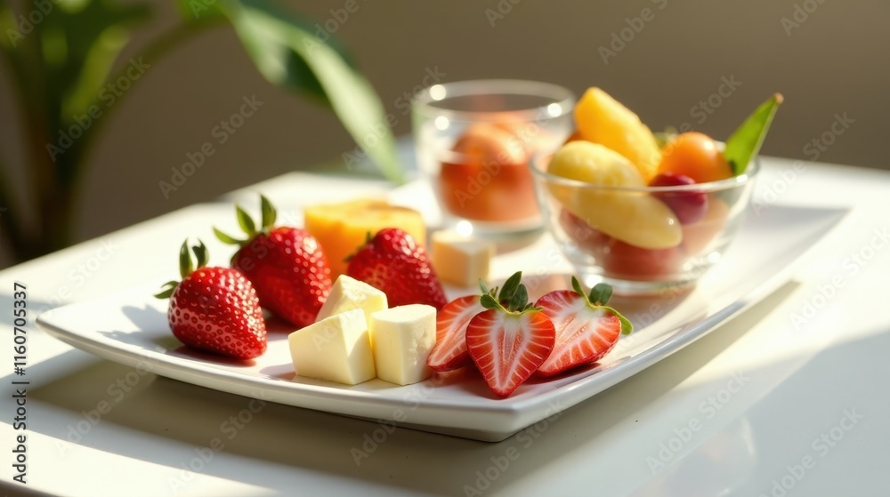 A delightful arrangement of fresh strawberries, cubed cheese, and assorted fruits on a sleek white rectangular platter, bathed in sunlight. A delightful arrangement of fresh strawberries, cubed cheese, and assorted fruits on a sleek white rectangular platter, bathed in sunlight.
