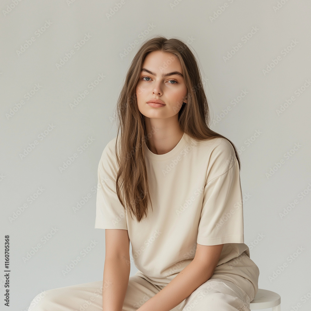 Obraz premium Woman Beige TShirt Studio Portrait Neutral Background