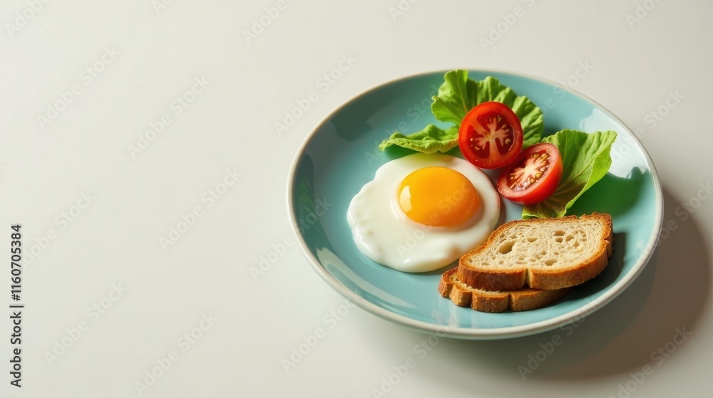A simple breakfast plate featuring a perfectly fried egg, alongside slices of whole grain bread and a refreshing salad of crisp lettuce and ripe tomatoes. A simple breakfast plate featuring a perfectly fried egg, alongside slices of whole grain bread and a refreshing salad of crisp lettuce and ripe tomatoes.